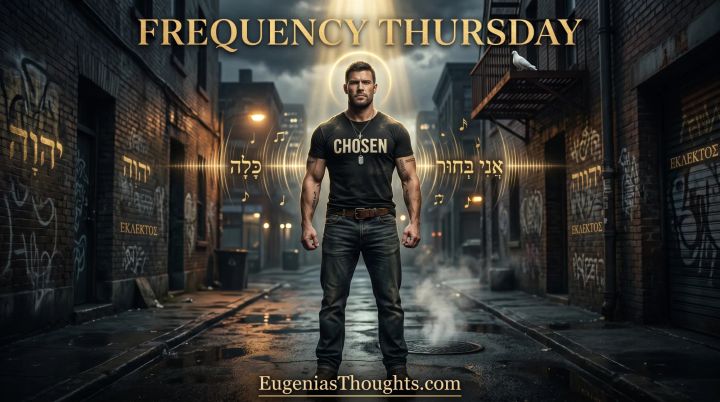 A rugged Chosen man stands immovable in a rain-lit alley as golden sound waves and Hebrew scripture ripple from his chest under a beam of Heaven-light and a watching dove.