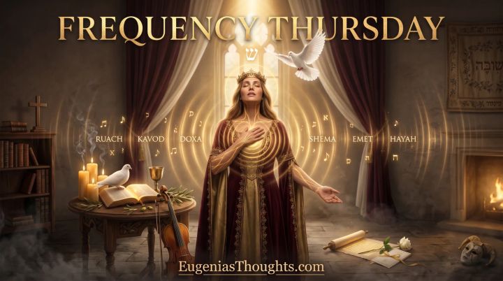 A crowned Queen in worship radiates glowing golden sound waves and veins of glory from her chest as a white dove descends and Hebrew words like RUACH and KAVOD glow around her.
