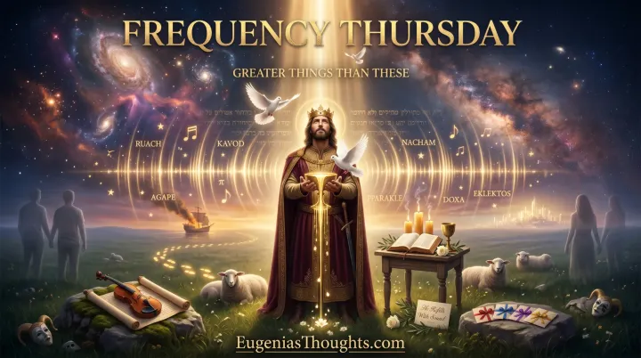 A crowned King lifts an overflowing brass goblet in a glowing meadow as golden sound waves ripple into a starlit cosmos under the words "Greater Things Than These" in gold.