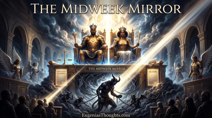 Heavenly courtroom with a crowned King and Queen in golden armor judging a chained dark figure below, as bright light and angels surround them under stormy clouds.