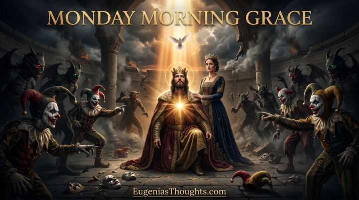 A kneeling King with light bursting from his chest rises under a descending dove as his Queen stands beside him, while demons and clowns mock from the shadows of a broken arena.