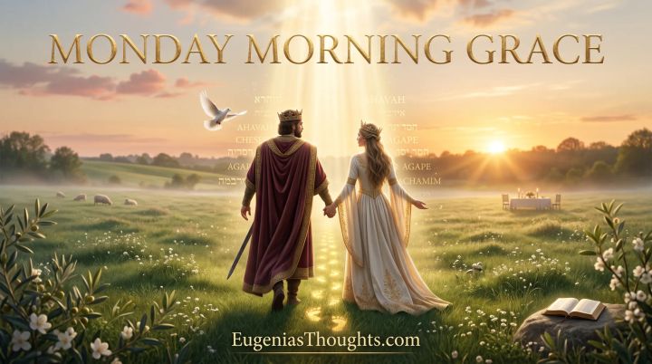 A crowned King and Queen walk hand in hand into a golden sunrise meadow as Heaven-light pours down with Hebrew and Greek words of love and mercy, a white dove leading ahead.