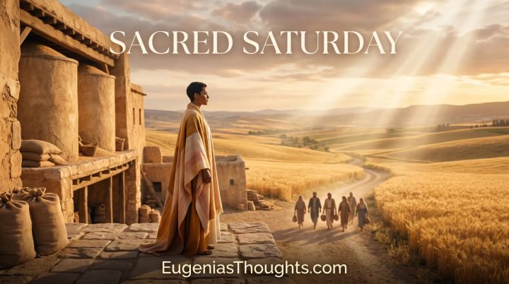 Sacred Saturday feature image: Joseph‑like figure in a cloak stands by grain storehouses above golden fields while a small group walks toward him on a sunlit path under soft rays of light.