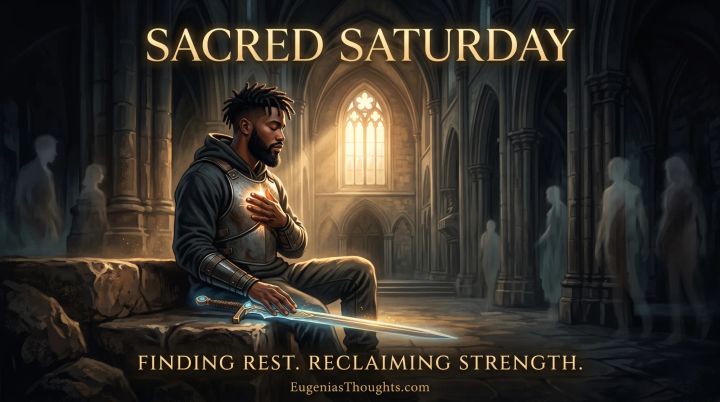 Armored man sits on a stone ledge in a cathedral, hand over his heart and resting on a glowing sword, while ghostly figures fade into the background.