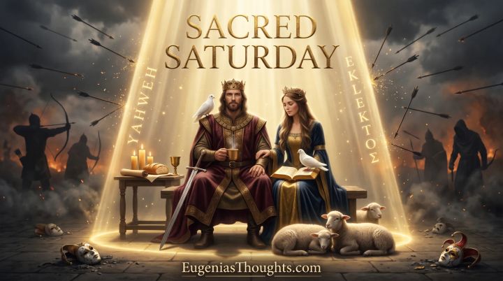 A crowned King and Queen rest peacefully inside a glowing column of Heaven-light with sheep and doves as shadowy arrows shatter into golden sparks against the wall of glory.