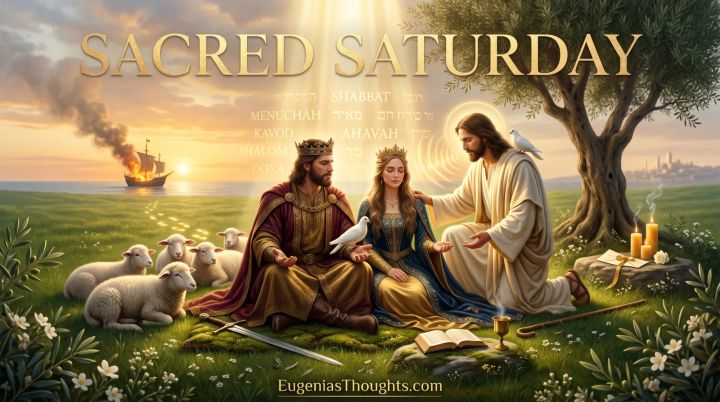A crowned King and Queen rest in a glowing meadow as Jesus the Good Shepherd kneels beside them humming as a ship burns on the distant horizon and doves and sheep witness in peace.