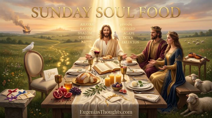 A long Sunday banquet table is set in a glowing meadow with bread, an overflowing goblet, and an open Bible as Jesus, the King, the Queen, sheep, and doves gather to feast.