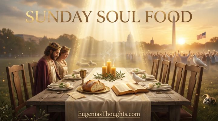 A crowned King and Queen bow in prayer at a Sunday table with empty reserved chairs, doves, bread, and an open Bible as the Washington Monument glows in a sunrise beyond them.