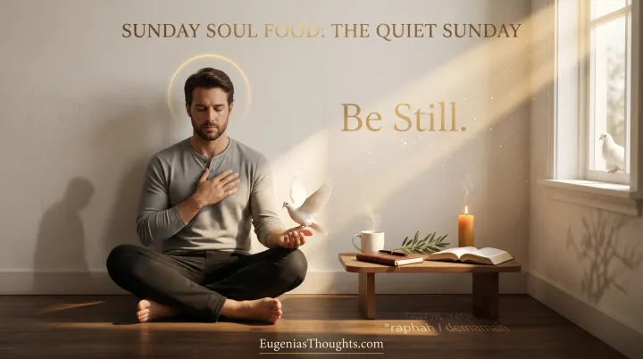 A man sits cross-legged on a hardwood floor with a white dove landing on his open palm as morning sun writes "Be Still" on the wall behind him beside a candle and open Bible.