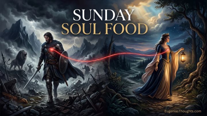 Sunday Soul Food feature image: armored warrior in a stormy battlefield and crowned woman with lantern on a night path, their glowing hearts connected by a red thread of light.