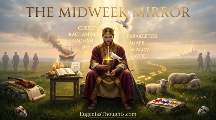 A crowned King sits alone in a glowing meadow holding a brass goblet refilling with golden Heaven-light from above as two doves witness and figures walk away in the distance.