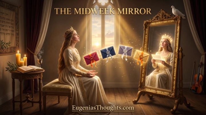 A crowned Queen sits before an ornate mirror as four glowing sealed letters in red, blue, violet, and gold float toward her in Heaven-light while a white dove witnesses above.