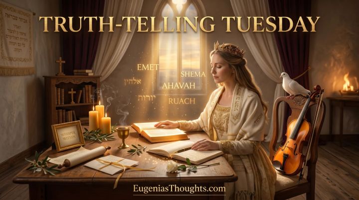 A crowned Queen sits in stillness at a candle-lit writing desk with an open Bible, journal, violin, and a witnessing white dove as Hebrew words glow in a column of Heaven-light.