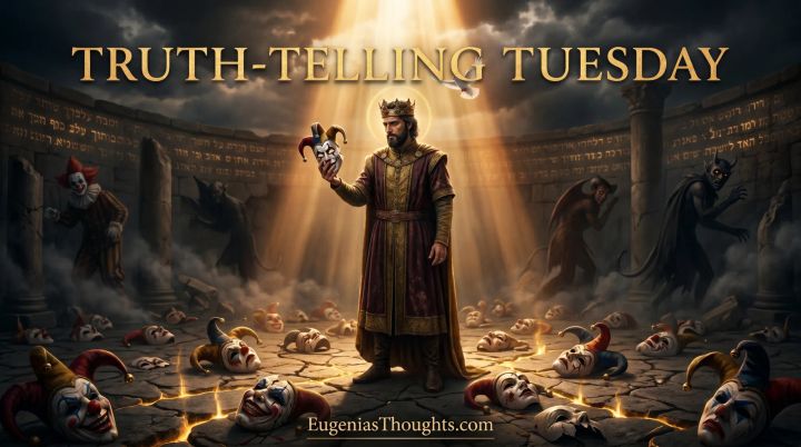 A crowned King holds a shattered jester mask up to a beam of Heaven-light while demons and clowns retreat into the shadows of a cracked arena scattered with fallen masks.