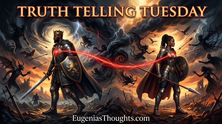 Armored King and Queen on a fiery battlefield, hearts glowing and connected by a red thread as dark figures and arrows swirl around them under stormy skies.