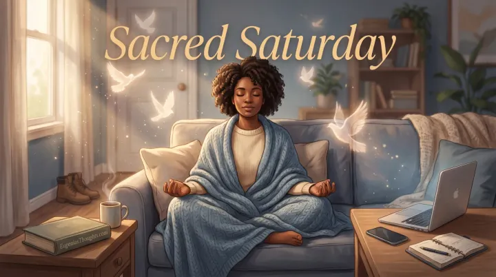 Woman sits cross‑legged on a sofa in a cozy living room, wrapped in a blue blanket, eyes closed.