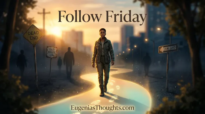 Person walks a glowing path through a misty city street past “Dead End” and “Old Route” signs, with shadowy figures behind and “Follow Friday” and EugeniasThoughts.com in the scene.