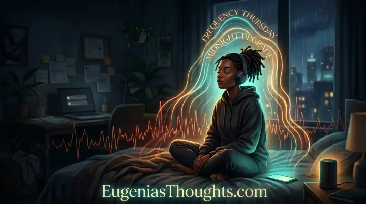 Person in headphones sits on a bed at night as glowing sound waves surround them and “Frequency Thursday: Midnight Upgrade” arcs overhead, with EugeniasThoughts.com written below.
