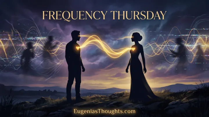 A man and a regal woman stand apart at twilight, linked eye-to-eye and heart-to-heart by a glowing golden signal, with static and shadows around them, under “Frequency Thursday.”