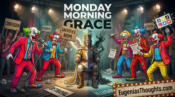 Cartoon clowns on a chaotic talk-show stage surround a calm crowned figure with wings, holding signs for confusion, scandal, betrayal, and control under “Monday Morning Grace”.