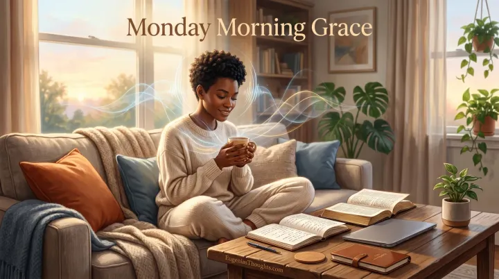 Person in loungewear sits on a sofa with a warm mug, Bible and journal open on the table, soft morning light and gentle flowing lines around them under the words “Monday Morning Grace.”