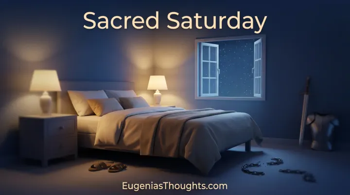 Peaceful bedroom at night with open window, armor, sword, and broken chains on the floor, titled Sacred Saturday with EugeniasThoughts.com.