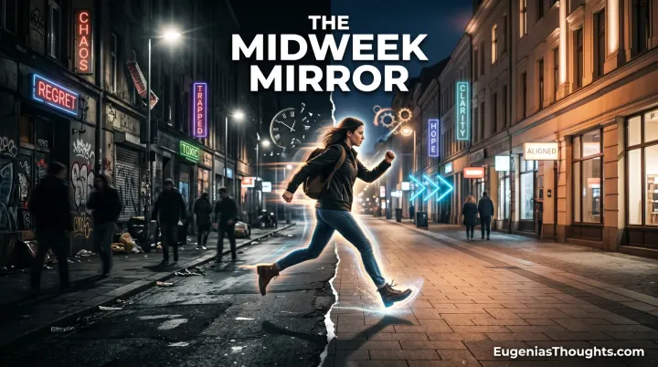 Person mid-step crossing from a dark, chaotic street with neon signs like “Regret” and “Toxic” into a brighter side labeled “Hope,” “Clarity,” and “Aligned,” under “The Midweek Mirror.”