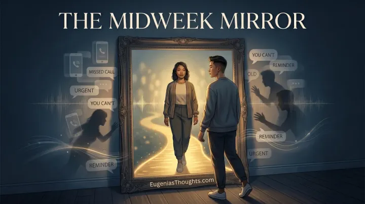 Person faces a mirror showing their calm reflection on a glowing path, while shadowy figures and notifications like “missed call” and “urgent” swirl behind them under “The Midweek Mirror.”