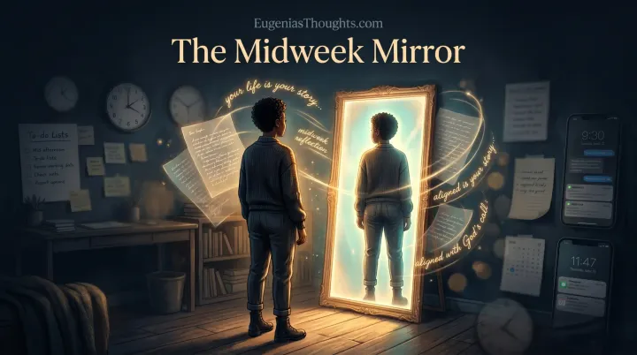 Person stands before a glowing mirror in a cluttered midweek office, surrounded by floating pages and clocks, with “The Midweek Mirror” and “your life is your story” in the scene.