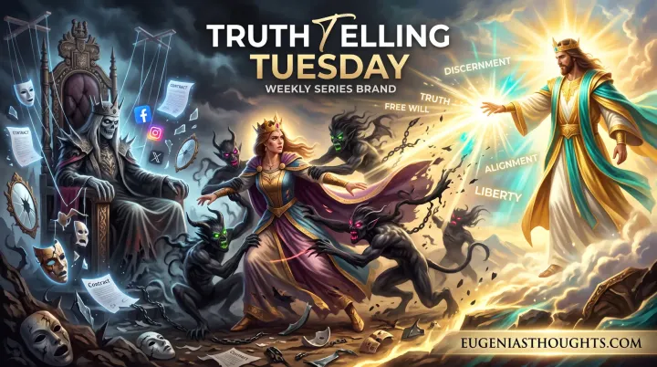 Crowned Queen is grabbed by demons near a skeletal emperor on a throne of masks and contracts, while a radiant King blasts chains and illusions with light.