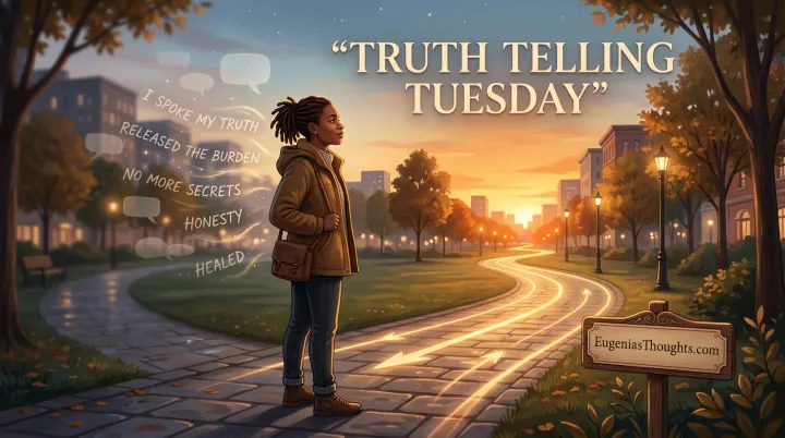 Person stands on a glowing path at sunset, with fading speech bubbles saying “I spoke my truth” and “no more secrets,” under the title “Truth Telling Tuesday.”