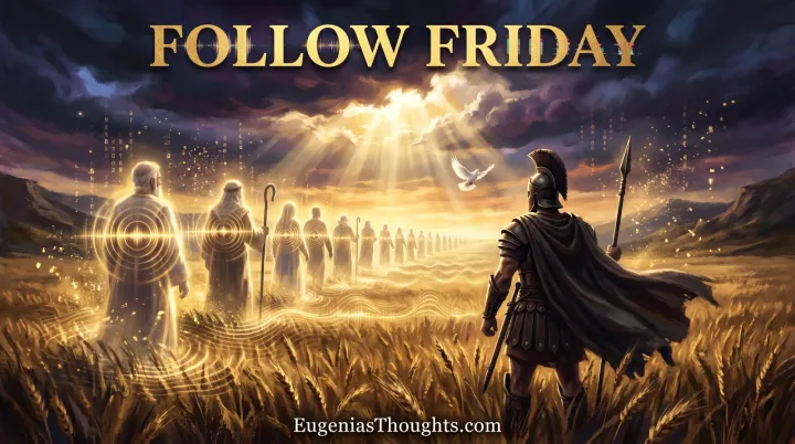 A warrior king in armor in a golden wheat field watching luminous ancestor figures glowing with frequency waves as divine light and a dove break through a dark sky