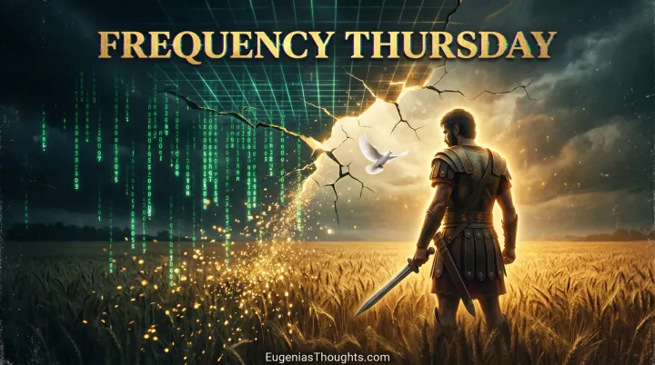 A warrior in ancient armor standing in a golden wheat field with sword drawn as a green matrix digital grid fractures into golden divine light with a white dove flying through