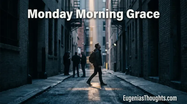 Person walking alone down a dim city alley at dawn, light shining on their path, with the words “Monday Morning Grace” and “EugeniasThoughts.com” on the image.