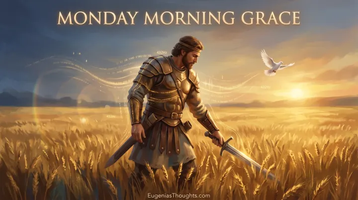 A warrior king at sunrise reaching for his sword in a golden wheat field as soft golden frequency code ripples through the air and a dove flies toward the rising sun