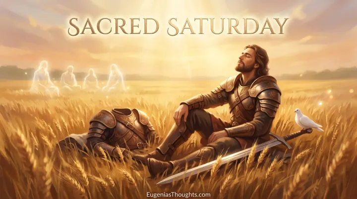 A warrior king resting in a golden wheat field at sunset with his armor set down and sword laid flat as a dove rests on the hilt and faint ancestor figures rest nearby