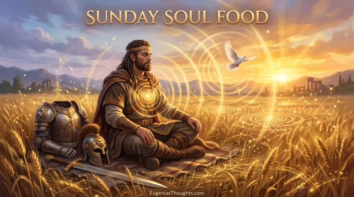A warrior king resting in a golden wheat field with golden 432hz frequency rings rippling from his chest as the sky transforms and a dove glides through the light
