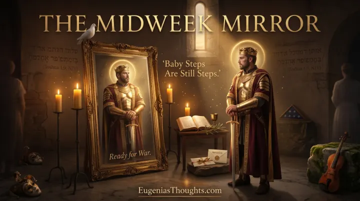 A crowned King in royal armor stands before a glowing ornate mirror with his sword drawn as a white dove watches and the words "Baby Steps Are Still Steps" hang in candlelight.