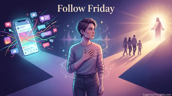 Person at a crossroads between a bright phone with social media icons and a glowing path of light leading a family toward Jesus.
