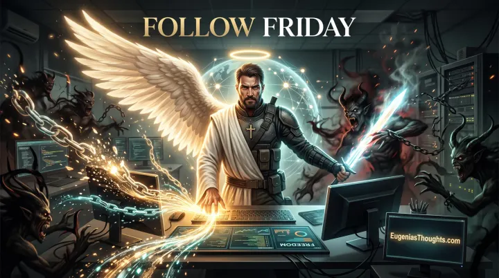 Half-angel, half-soldier man with wings and a halo wields a glowing sword at a desk of monitors, breaking chains with streams of light while demons attack.