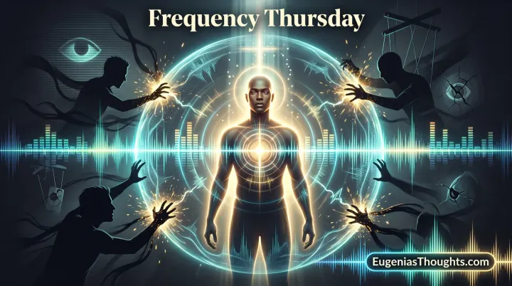 Radiant awakened figure stands in a glowing frequency shield under a beam of light as shadowy energy vampires and puppet strings dissolve against the barrier, sound waves rippling.