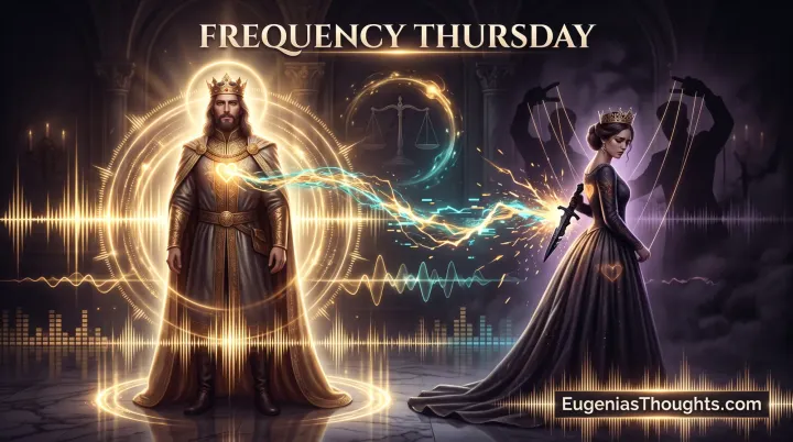 Glowing King stands steady as a bright heart-cord to a Queen holding a dagger shatters, shadowy puppeteers pulling her strings amid sound waves and a faint scale.