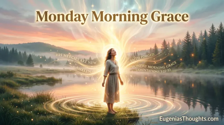 Woman stands barefoot by a sunrise pond with radiant light rising through her and ripples spreading, surrounded by glowing words about mercy, awakening, and faith.