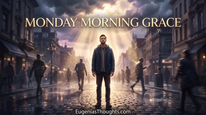 Man standing in a dawn city street with a glowing aura as blurred figures dissolve around him, symbolizing ego attacks and God’s grace holding him in alignment.