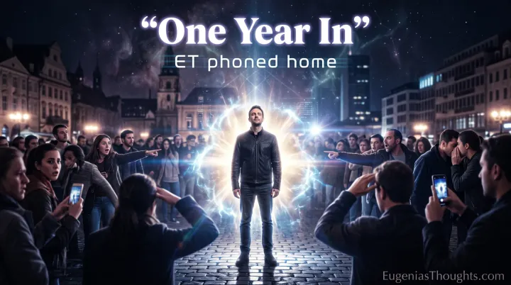 Man glowing with a bright aura in a city crowd as people point and film, symbolizing a spiritual awakening and the first year of EugeniasThoughts.com.