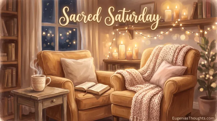 Cozy Sacred Saturday scene with two armchairs, open Bible, steaming mug, candles, and string lights in a warm living room at night.