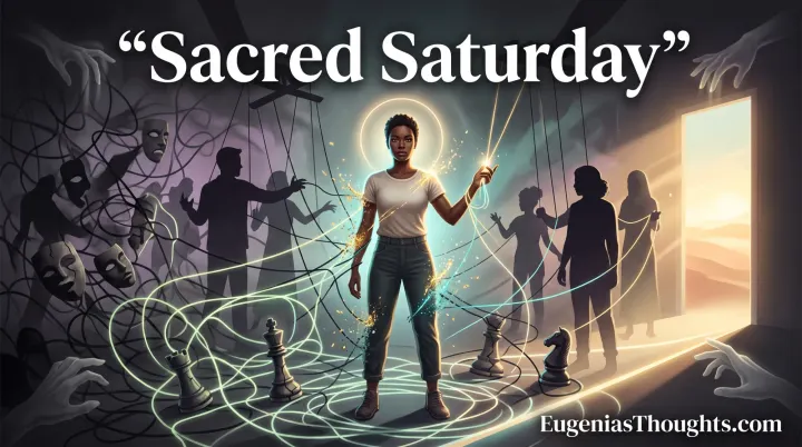 Calm woman with a halo stands in a web of puppet strings and invisible hands, breaking the strings with golden light while facing a glowing doorway of dawn.
