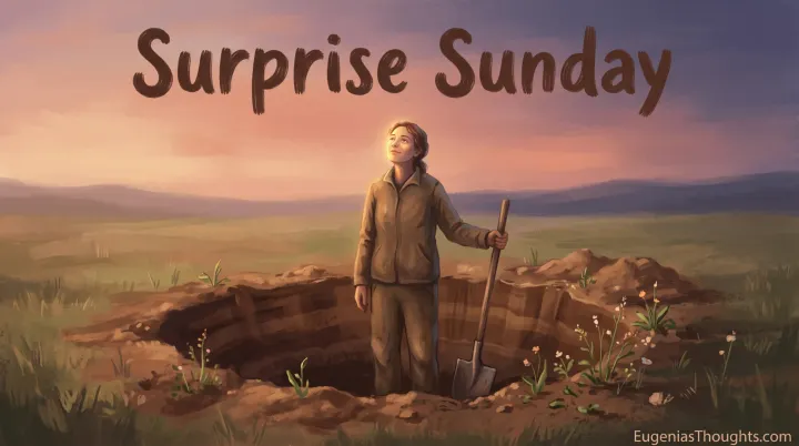 Person standing in a dirt hole at sunset, holding a shovel and looking up, symbolizing the moment they stop digging and choose a new direction.