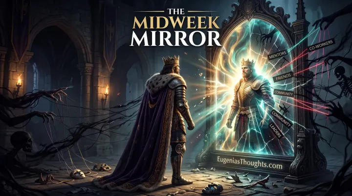 Crowned King faces a glowing mirror showing his radiant reflection as shadowy hands pull strings on labels for mentors, friends, co-workers, community, and leaders.