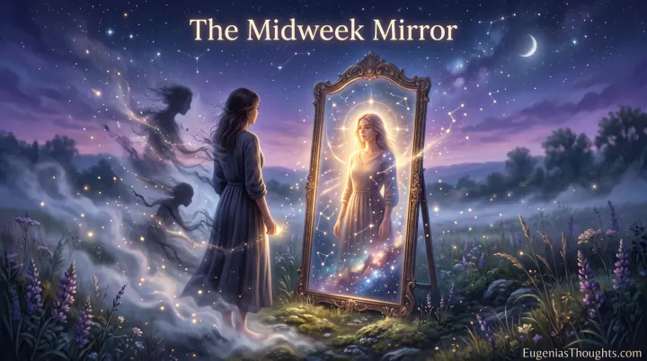 Woman in a twilight field facing a luminous mirror, with her radiant reflection and fading shadow figures drifting away into the mist.